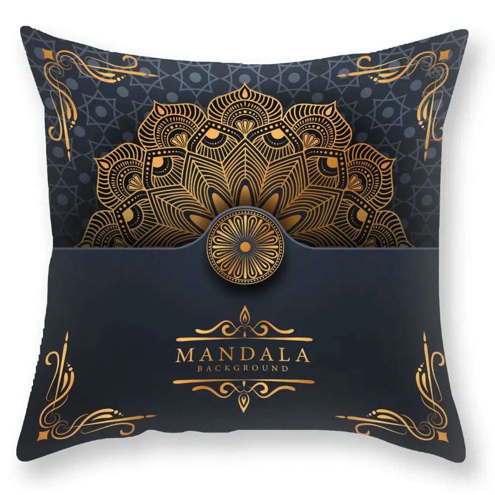 Dark blue throw pillow with intricate gold mandala design and ornate borders by DecorBites black gold collection