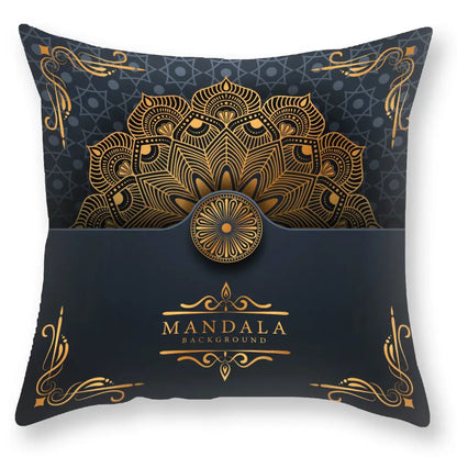 Dark blue throw pillow with intricate gold mandala design and ornate borders by DecorBites black gold collection