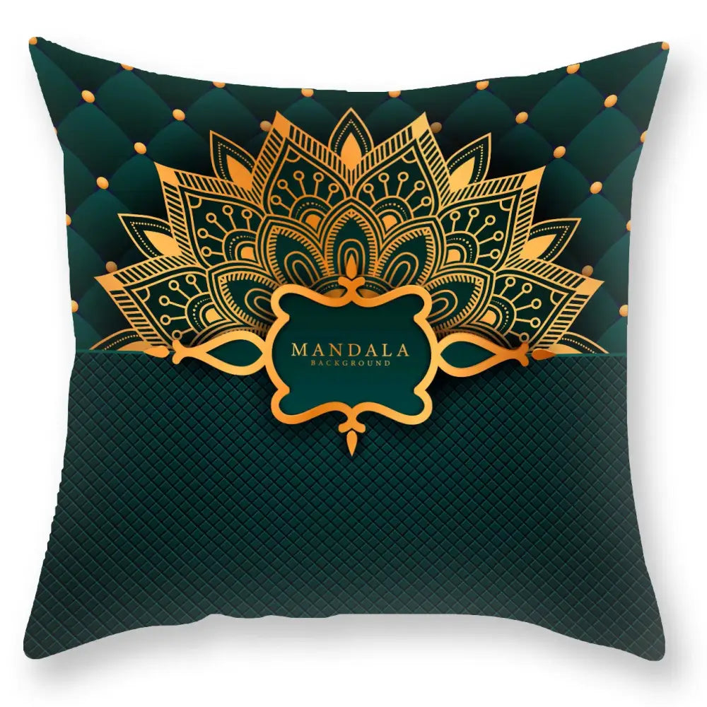 DecorBites black gold mandala luxury printed pillowcase in dark green with gold mandala and quilted texture