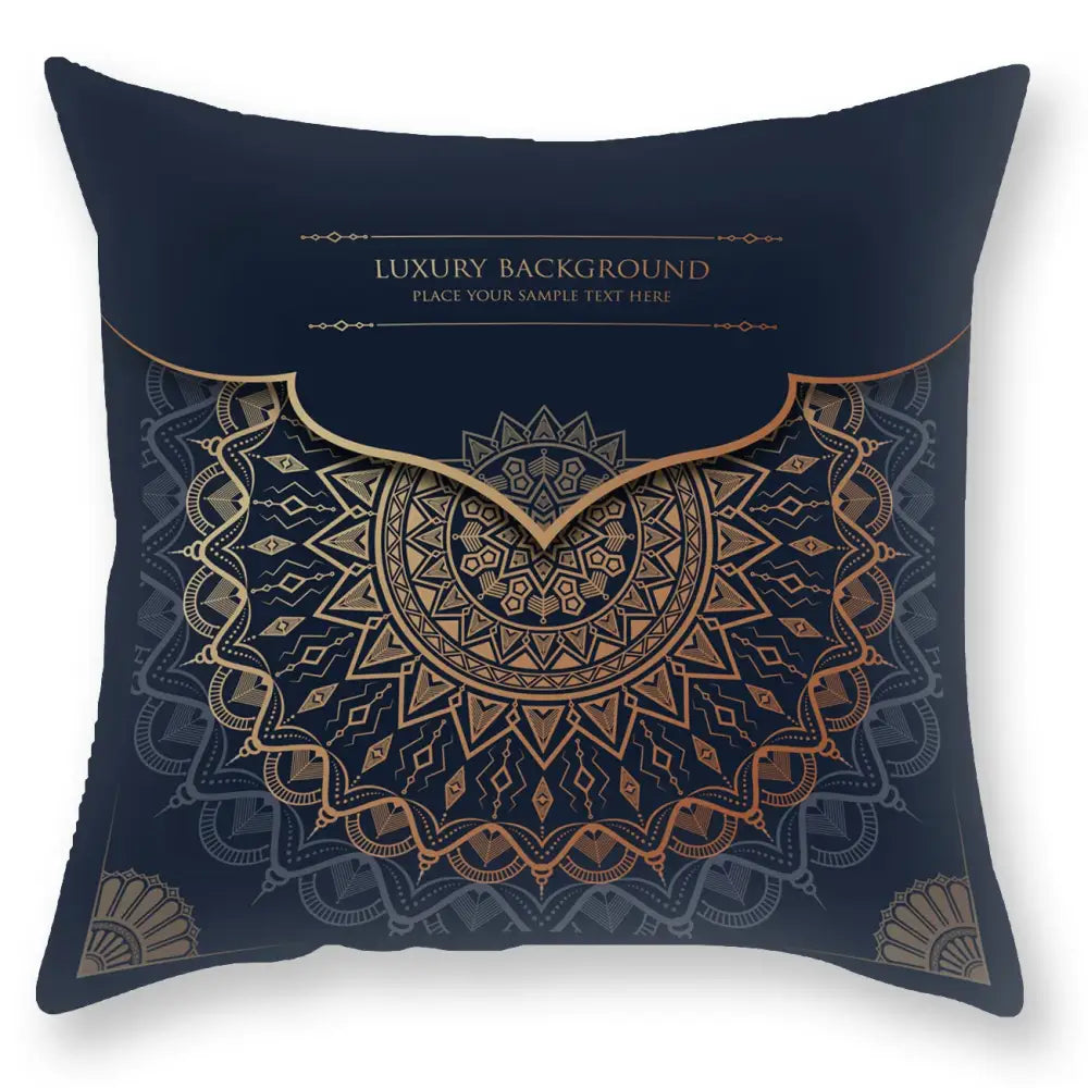 Deep navy decorbites black gold mandala throw pillow with intricate gold and bronze geometric patterns luxury printed case