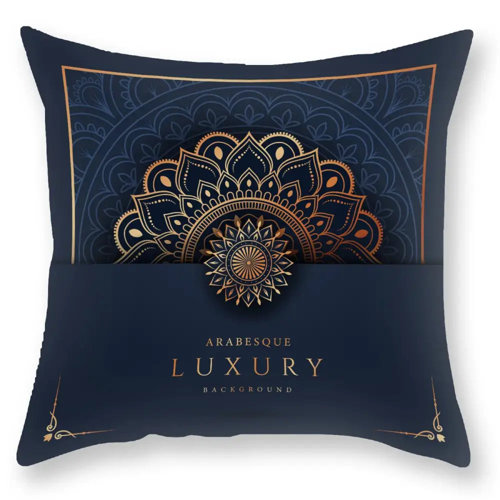 Deep navy decorbites black gold throw pillow with intricate gold mandala sunburst and ornate border details