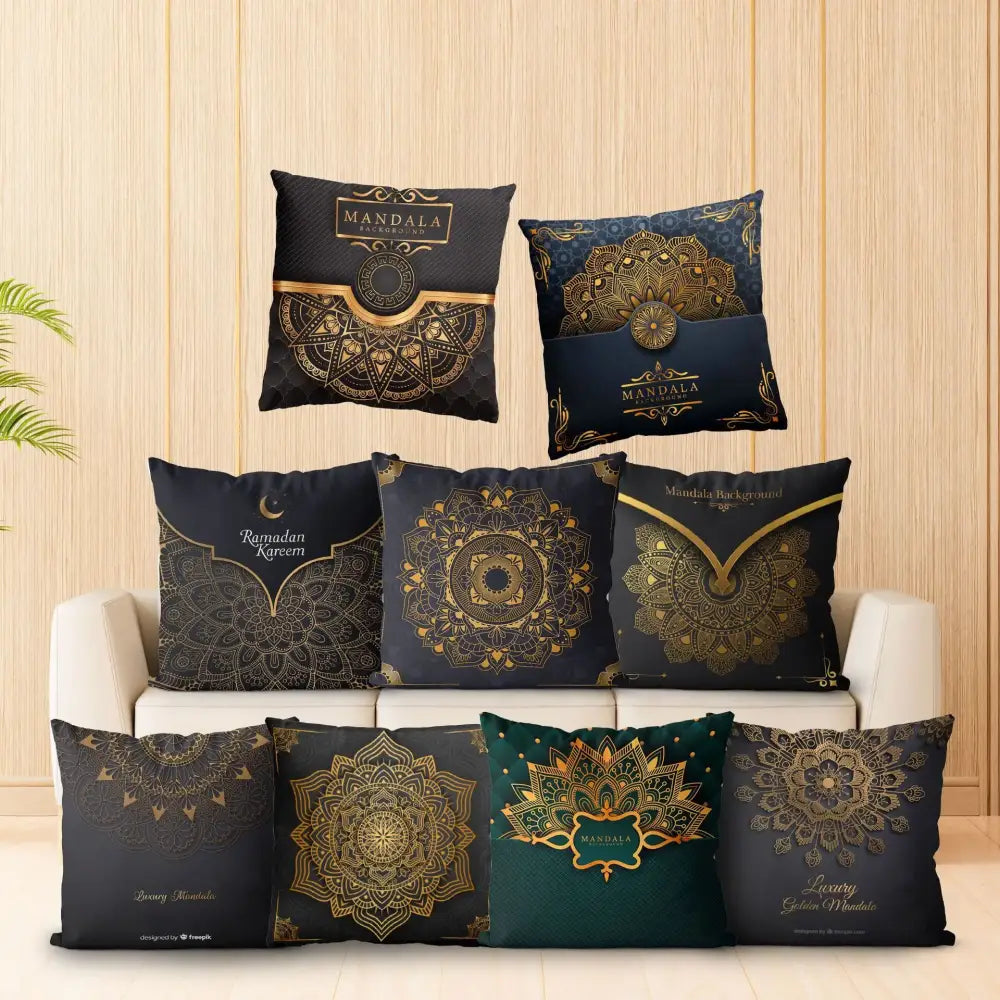 Set of decorbites black gold mandala luxury pillowcases with intricate gold designs on dark navy and teal backgrounds