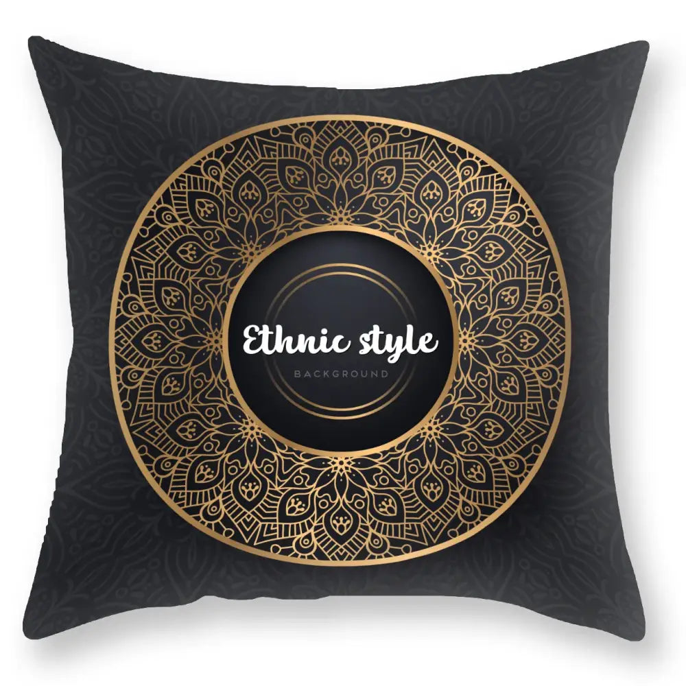 Black throw pillow with intricate gold mandala and white ethnic style text by decorbites black gold luxury design
