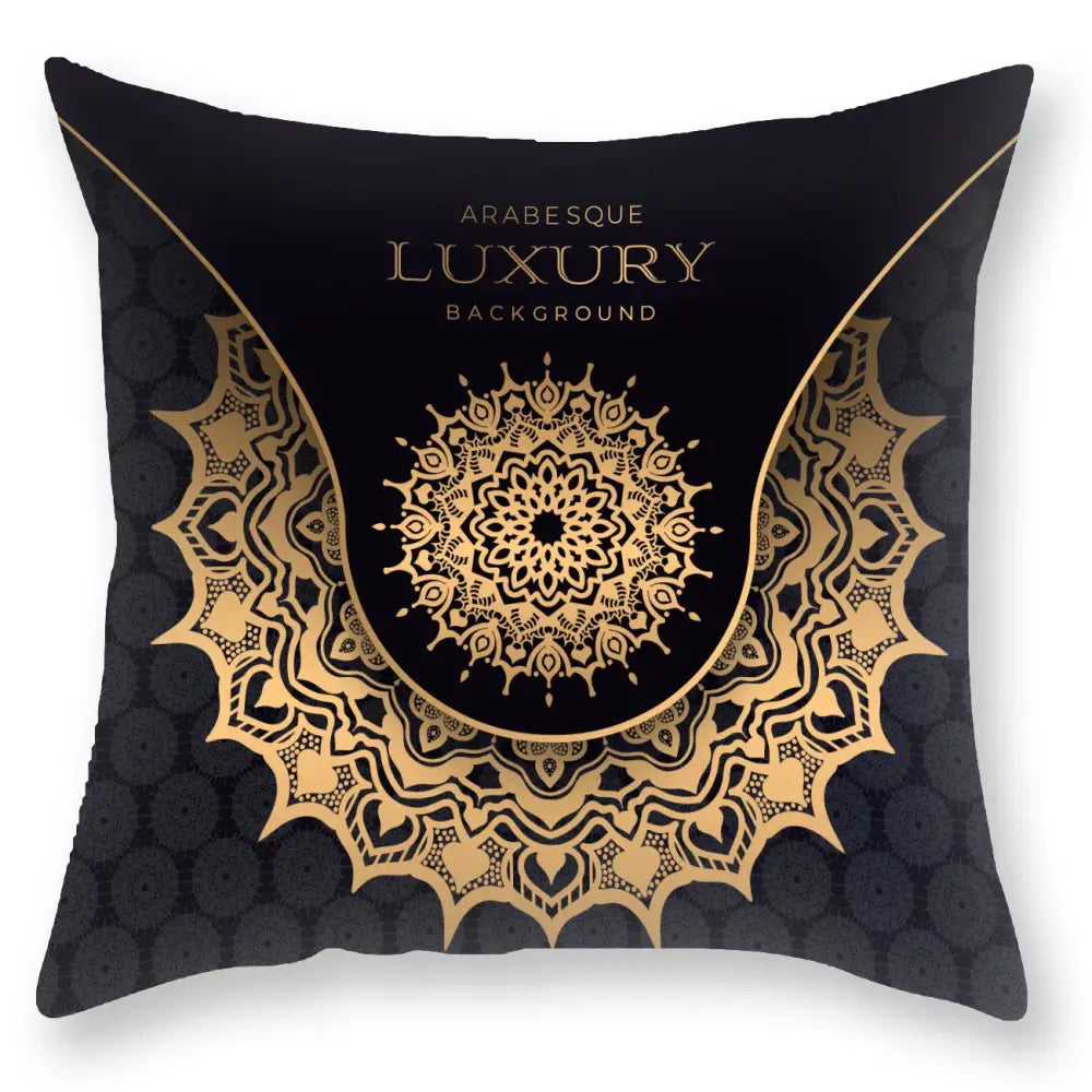 Decorbites black gold throw pillow featuring an intricate gold arabesque mandala design with decorative borders