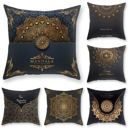 DecorBites black gold luxury printed pillowcase with intricate gold mandala designs and ornate borders on black fabric
