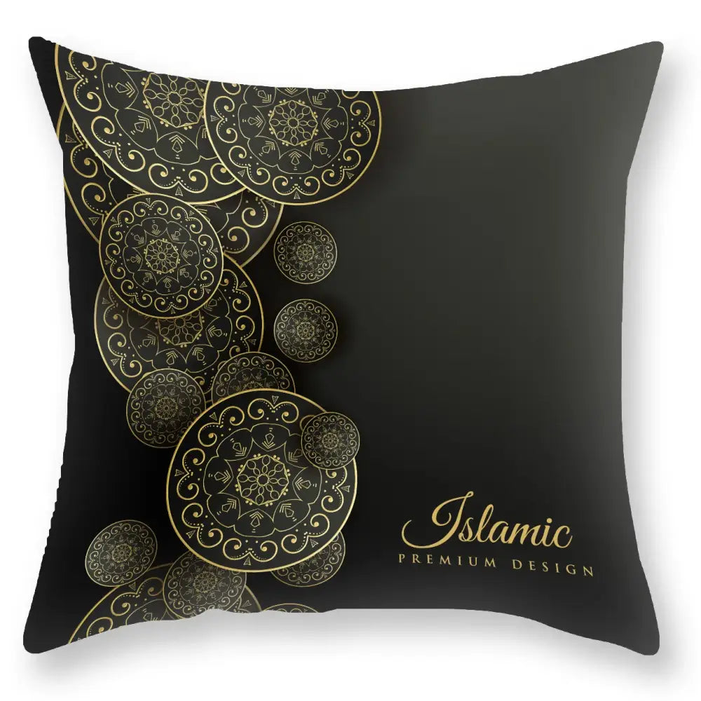 Decorbites black gold luxury throw pillow with intricate gold islamic geometric mandala pattern on black fabric