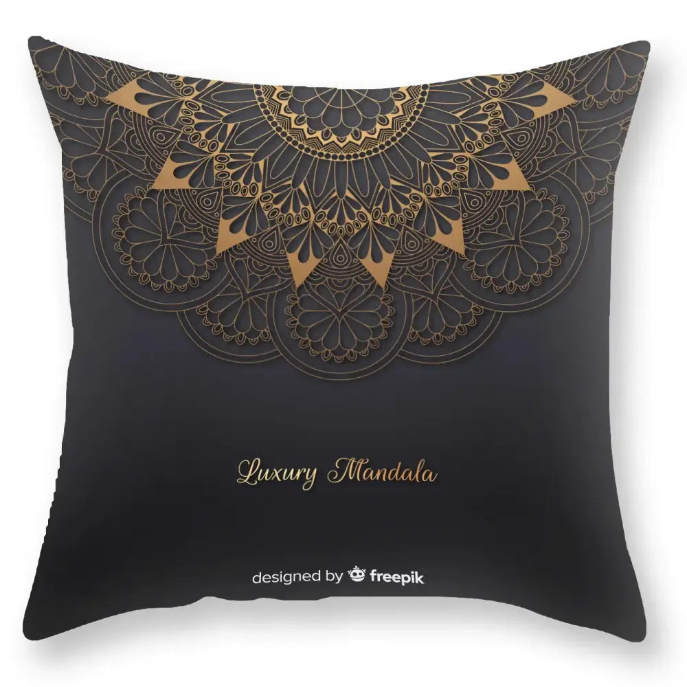DecorBites black gold luxury printed pillowcase with black throw pillow featuring gold mandala and layered floral design