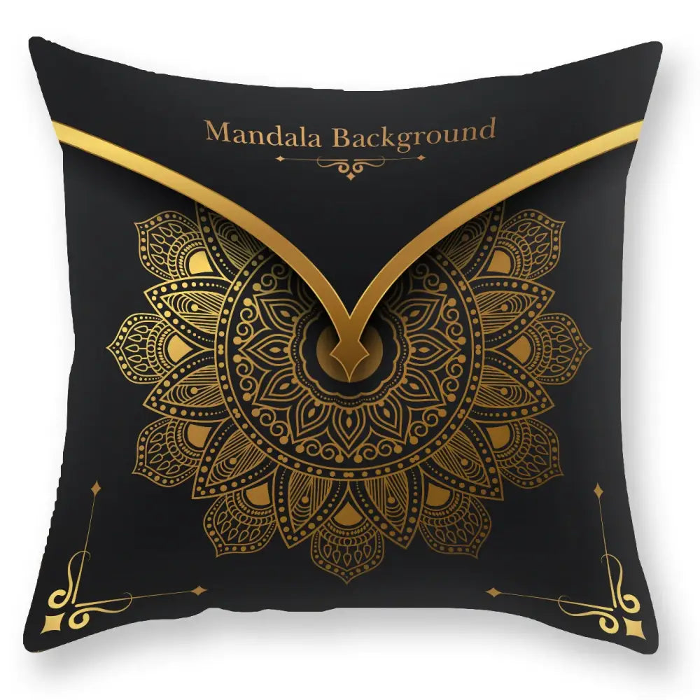 Black throw pillow with intricate gold mandala design and ornate border accents from decorbites black gold collection
