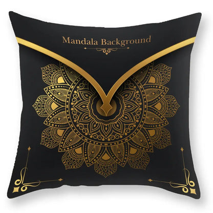 Black throw pillow with intricate gold mandala design and ornate border accents from decorbites black gold collection