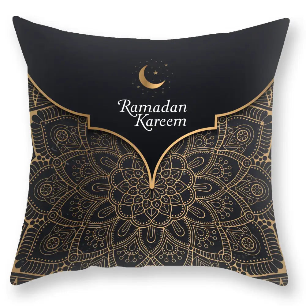 Decorbites black gold luxury printed pillowcase with black throw pillow featuring gold mandala and ramadan kareem crescent moon