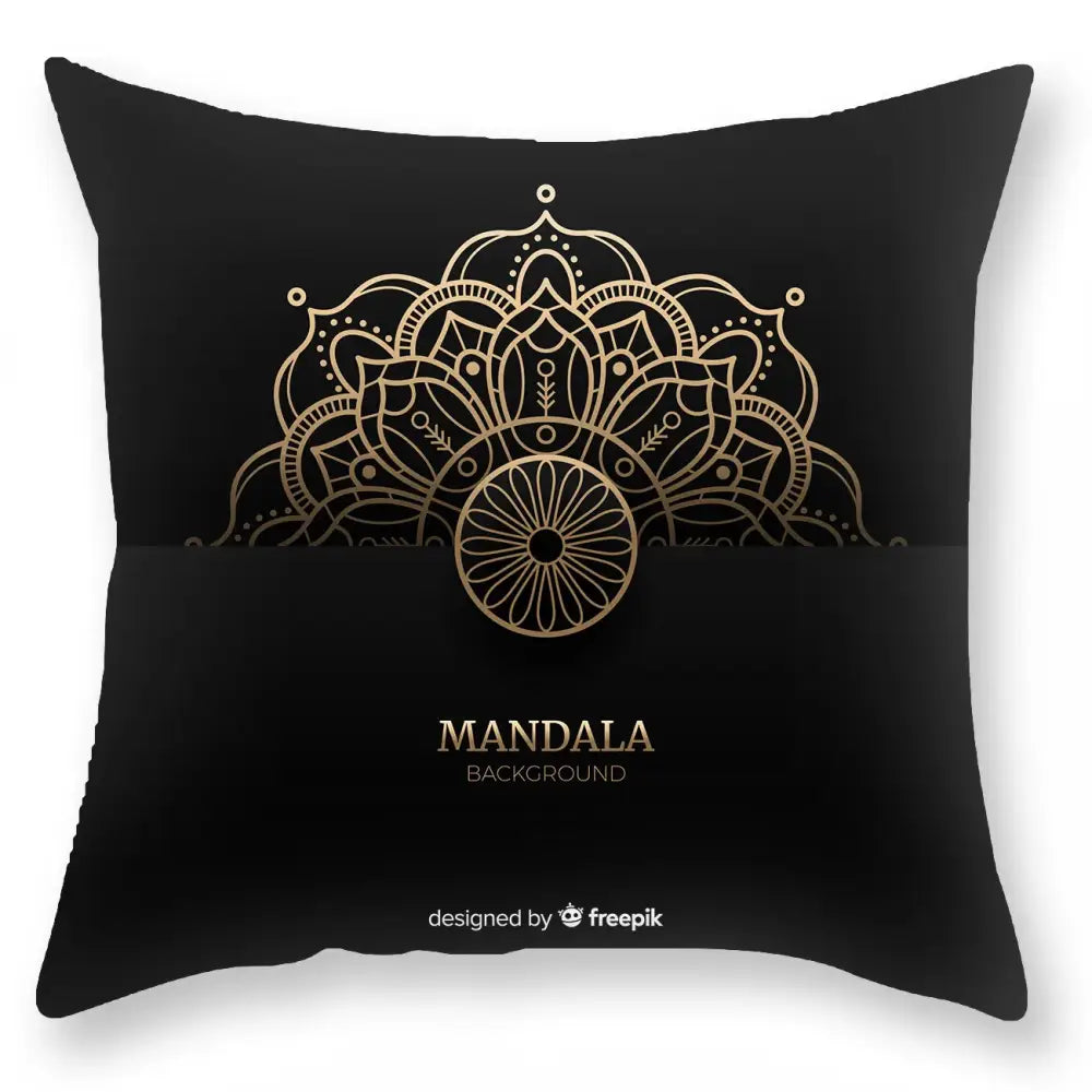 DecorBites black gold mandala luxury printed pillowcase featuring intricate gold mandala design on black fabric