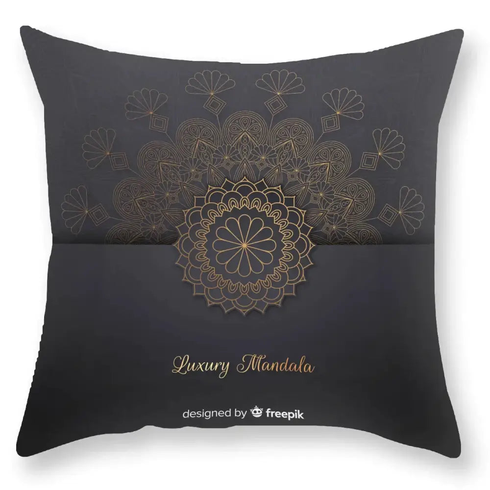 Decorbites black gold mandala luxury printed pillowcase featuring an intricate gold mandala design on a black throw pillow