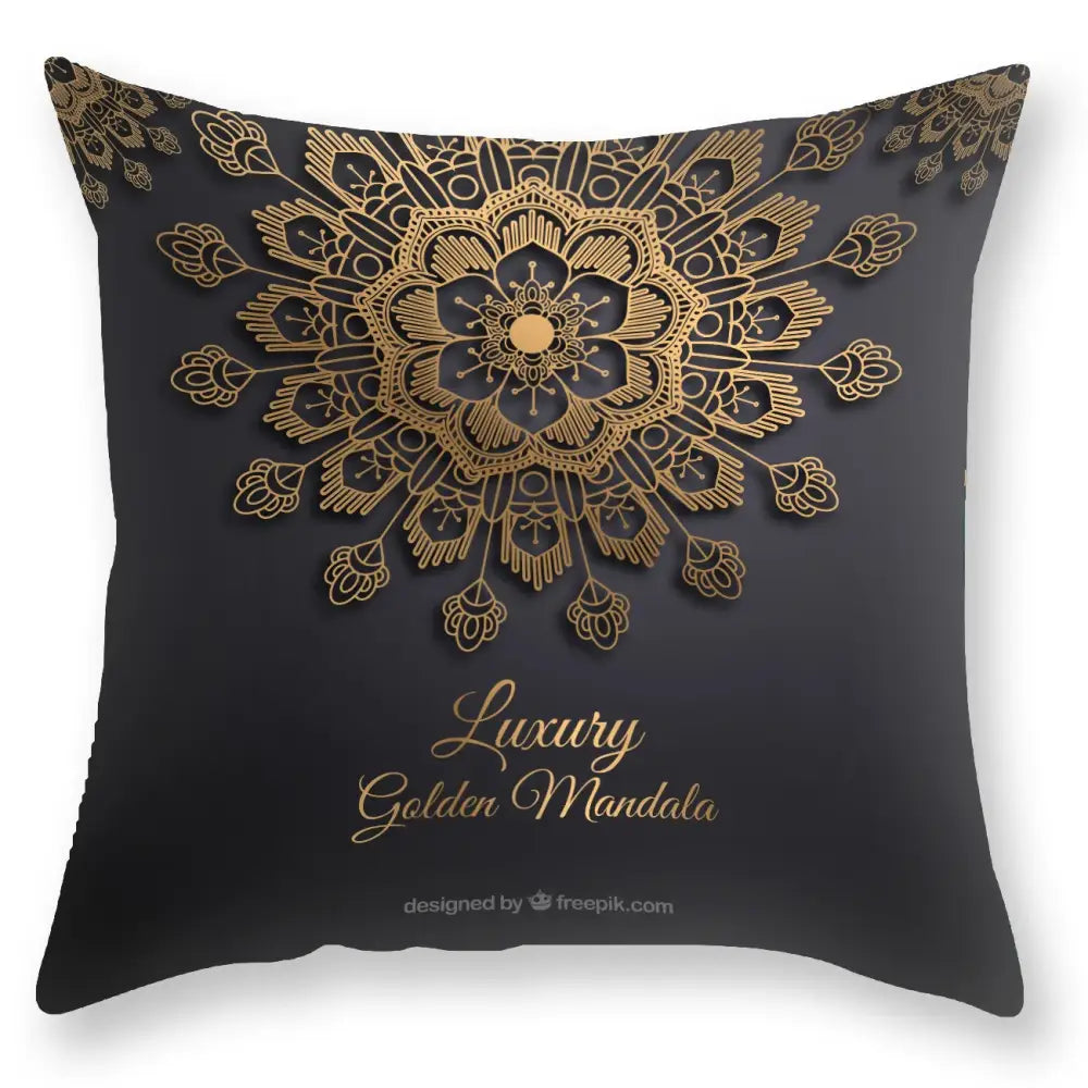 Decorbites black gold mandala luxury printed pillowcase featuring a black throw pillow with intricate golden floral design