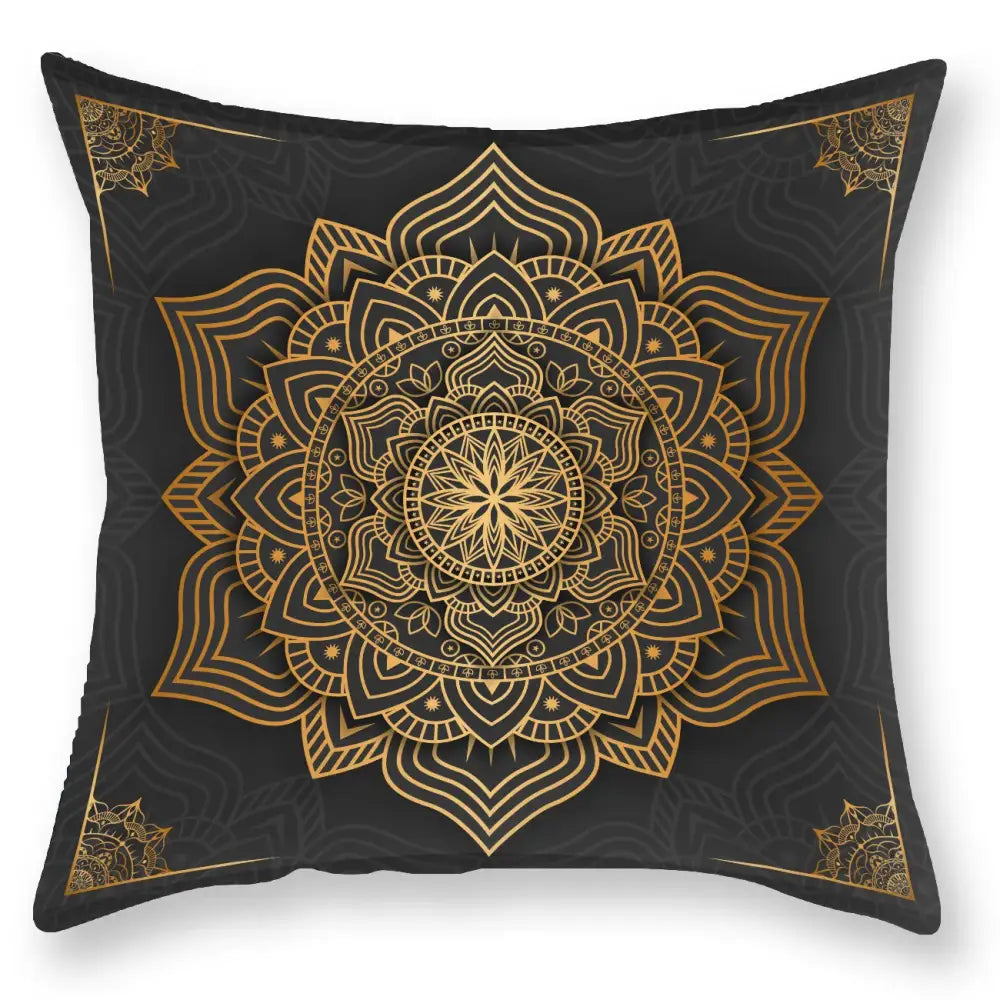 Decorbites black gold luxury throw pillow with intricate gold mandala floral and geometric patterns on black fabric