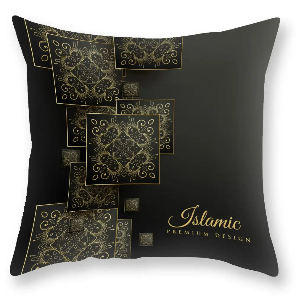 Black throw pillow from decorbites black gold featuring intricate gold islamic geometric patterns and elegant script text
