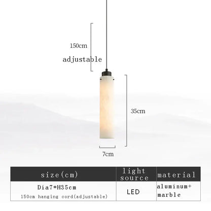 A DecorBites black gold marble pendant light with a cylindrical marble body and aluminum top featuring LED illumination