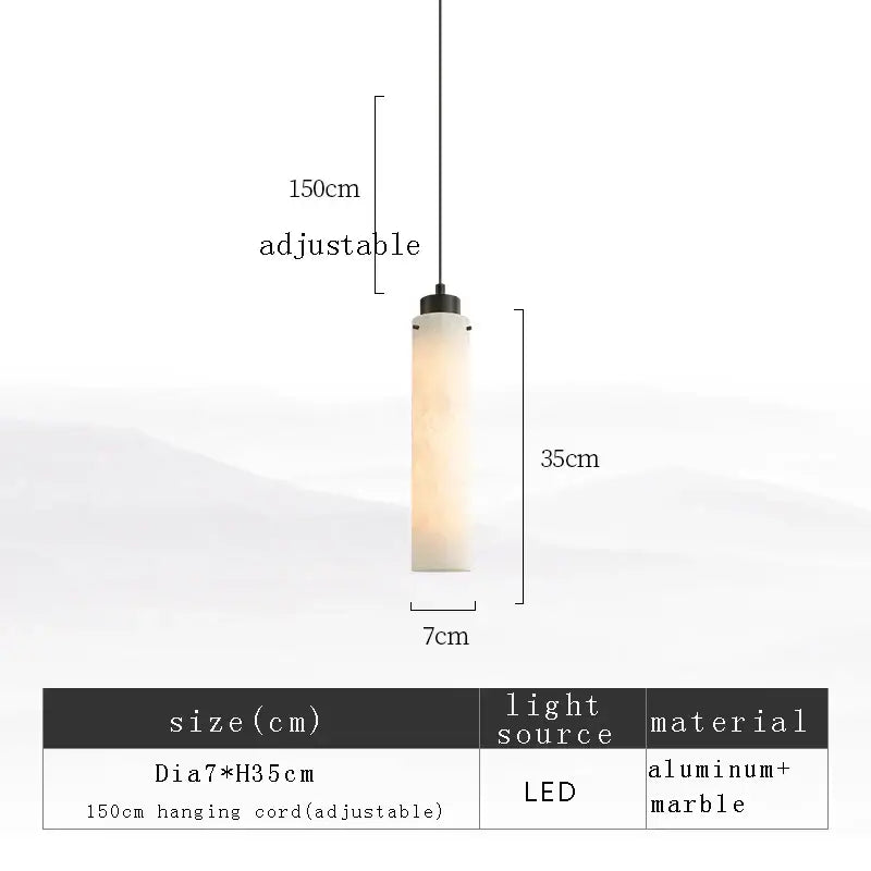 A DecorBites black gold marble pendant light with a cylindrical marble body and aluminum top featuring LED illumination