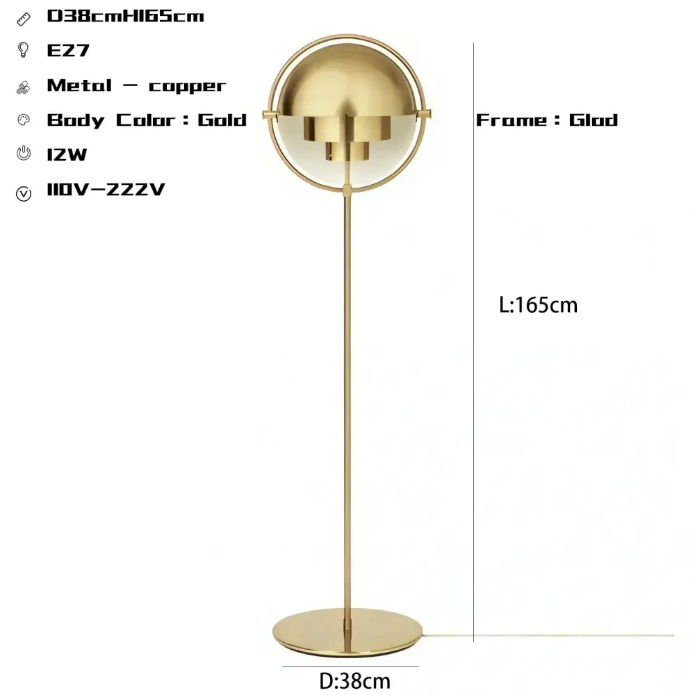 Gold-colored copper decorbites black gold metal floor lamp with spherical flower-like design and clear glass panels