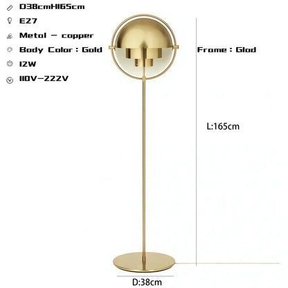 Gold-colored copper decorbites black gold metal floor lamp with spherical flower-like design and clear glass panels