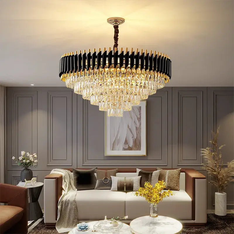 Decorbites black gold metal led chandelier with cascading crystal droplets for modern living room and dining areas