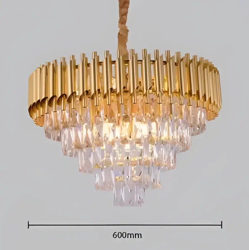 Decorbites black gold metal led chandelier with cascading clear crystal prisms and braided gold chain suspension