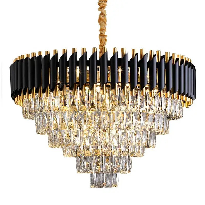 Decorbites black gold metal led tiered chandelier with cascading crystal droplets for living room dining use