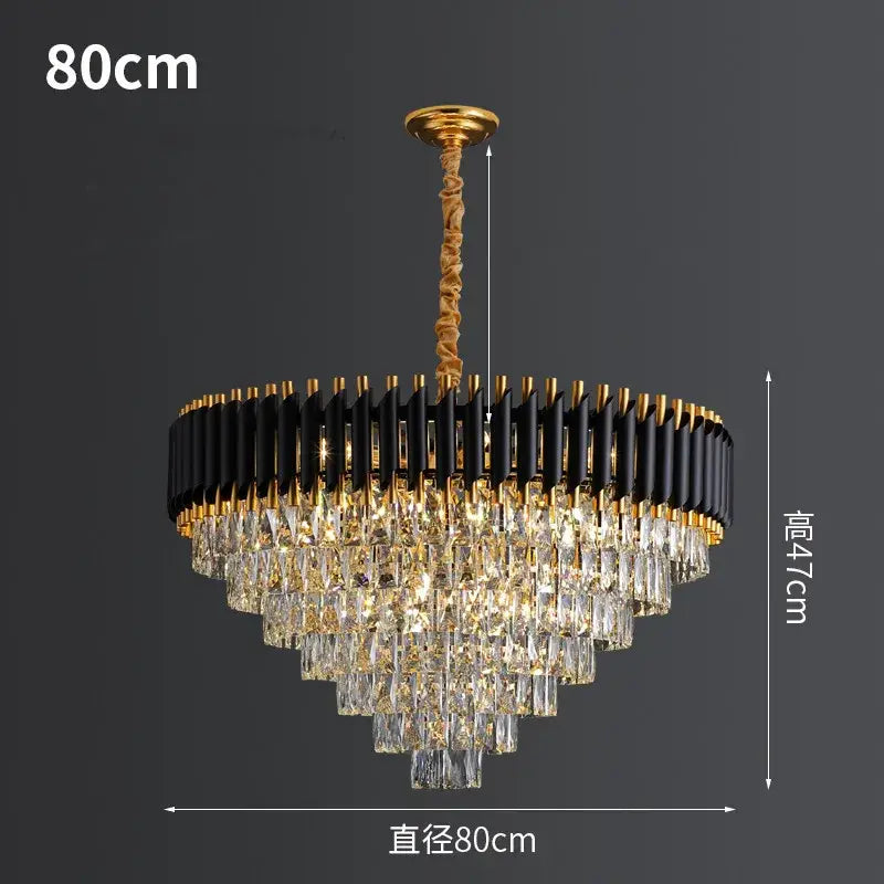 Elegant DecorBites black gold metal LED chandelier with 80cm gold-toned twisted stem and crystal prism tiers for living room