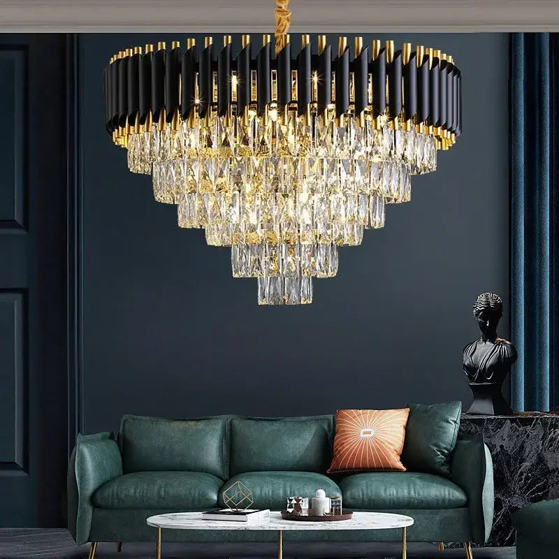 Decorbites black gold metal led chandelier featuring tiered gold metal design with cascading crystal droplets for modern living rooms
