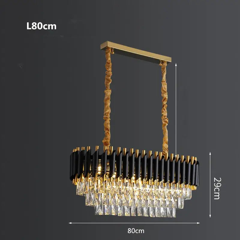 Decorbites black gold metal led chandelier with rectangular frame twisted chains and black rods with clear crystal prisms