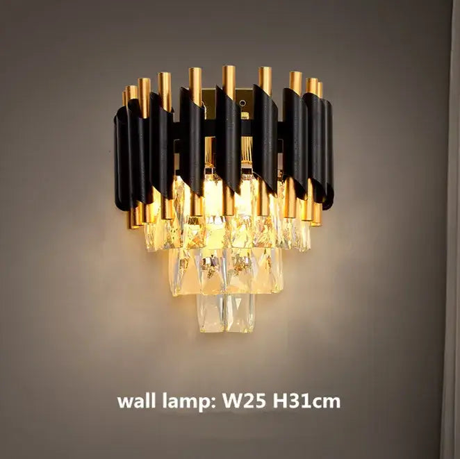 Modern decorbites black gold metal led chandelier with black and gold cylindrical bars and clear crystal prisms for living room