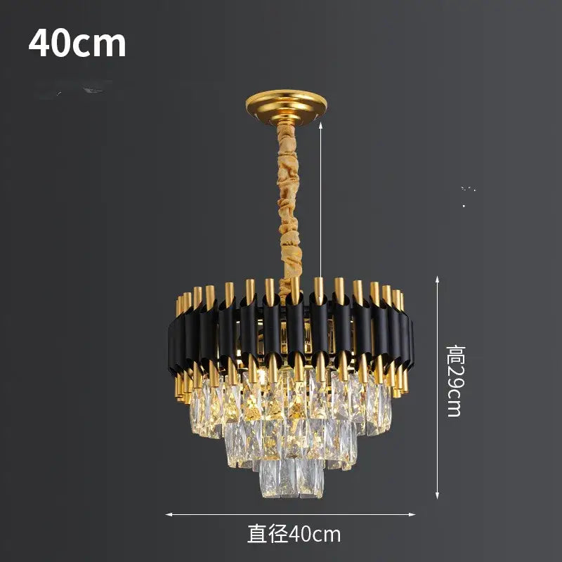 Modern black gold metal led chandelier by decorbites featuring gold-toned twisted chain and clear crystal droplets