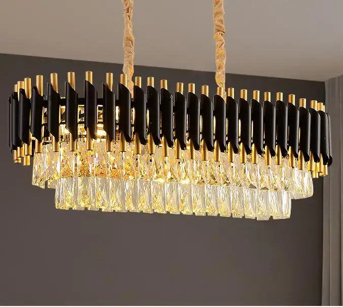 Decorbites black gold metal led chandelier with faceted crystal tiers for living room and dining modern lustre lamp