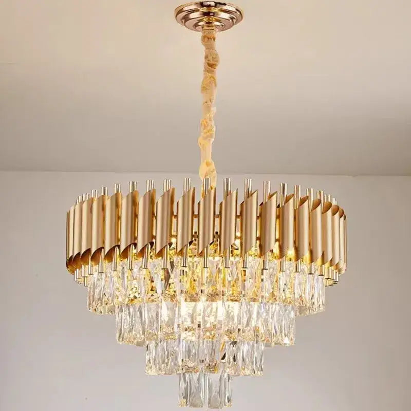 DecorBites black gold metal led chandelier with tiered crystal droplets and sleek gold metal rods for living room use
