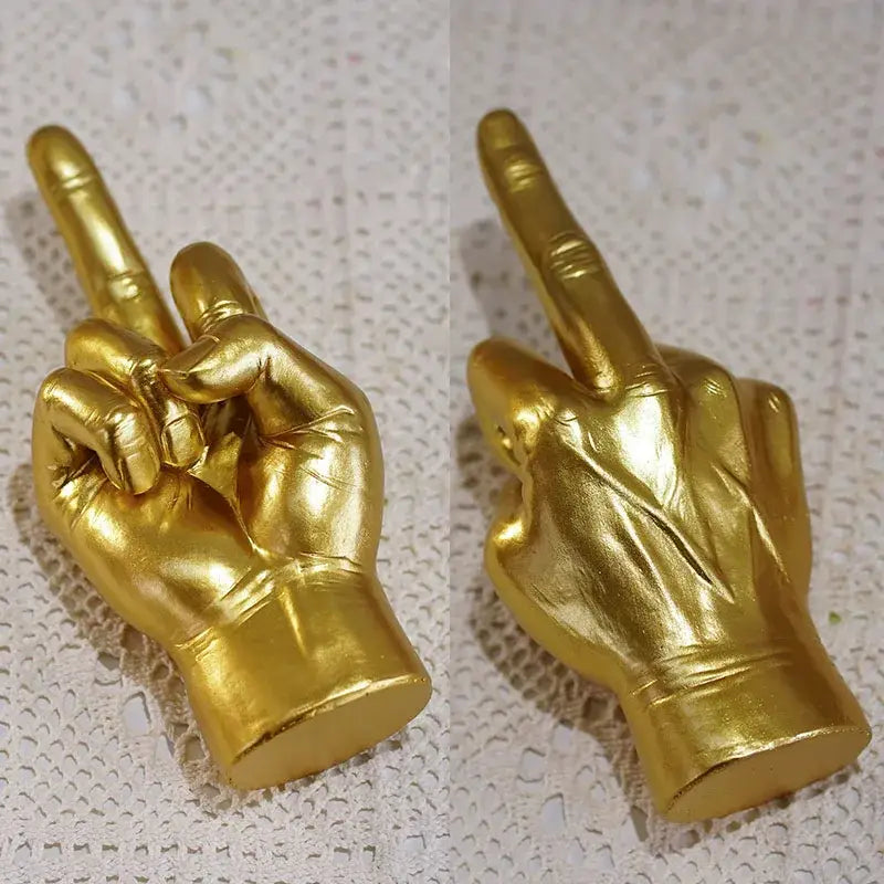 Decorbites black gold glossy resin golden hand sculpture with fingers forming a peace sign modern home decor accessory