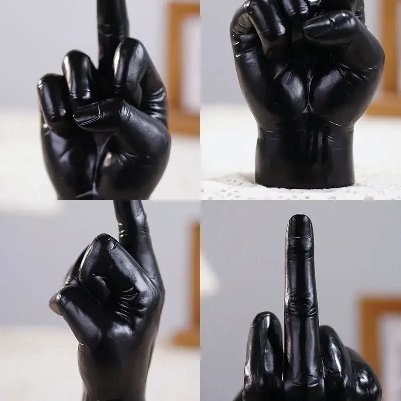 Decorbites black gold glossy resin hand sculpture with extended middle finger for modern home decor and shelf accessory