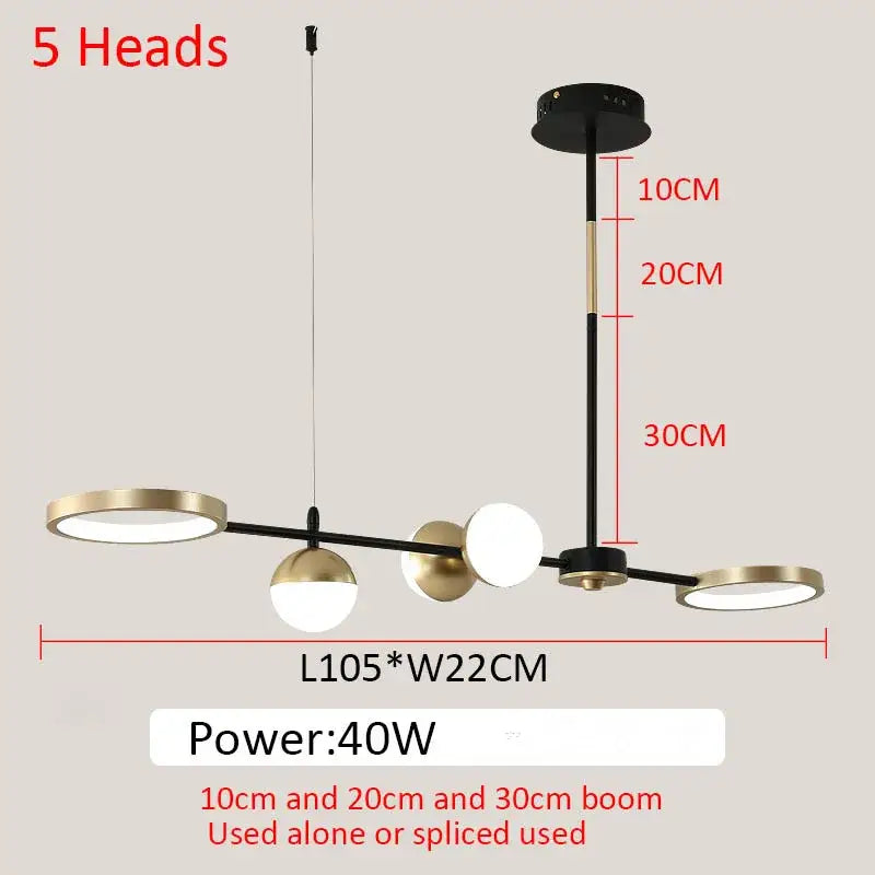 Modern black gold minimalist chandelier with five circular led heads decorbites black gold for dining room decor