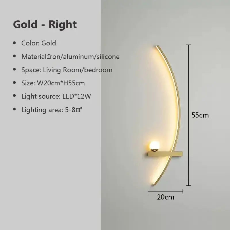 Decorbites black gold modern wall sconce in gold with sleek curved iron and silicone design for bedroom study lighting