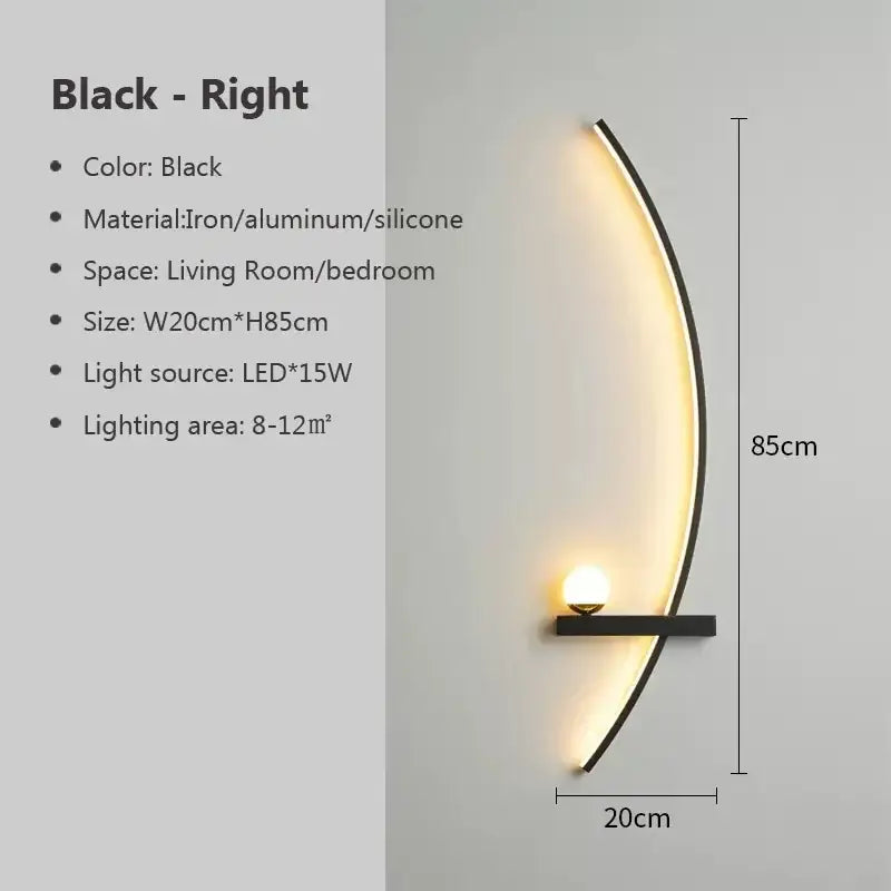 Black curved wall sconce with sleek iron silicone design and warm led lighting by decorbites black gold modern series