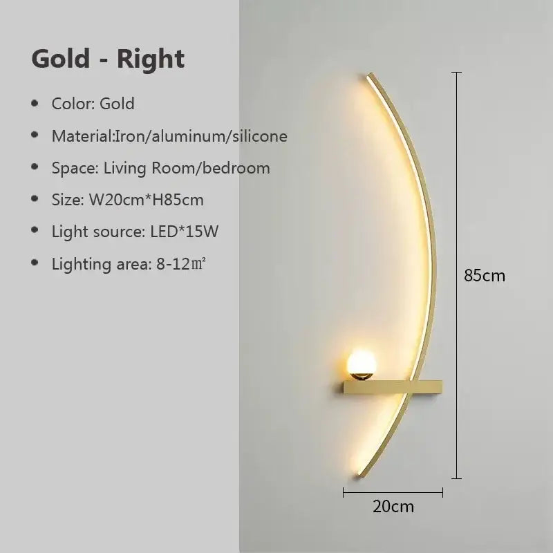 Gold-colored decorbites black gold modern wall sconce with curved sleek iron aluminum silicone design and integrated led light
