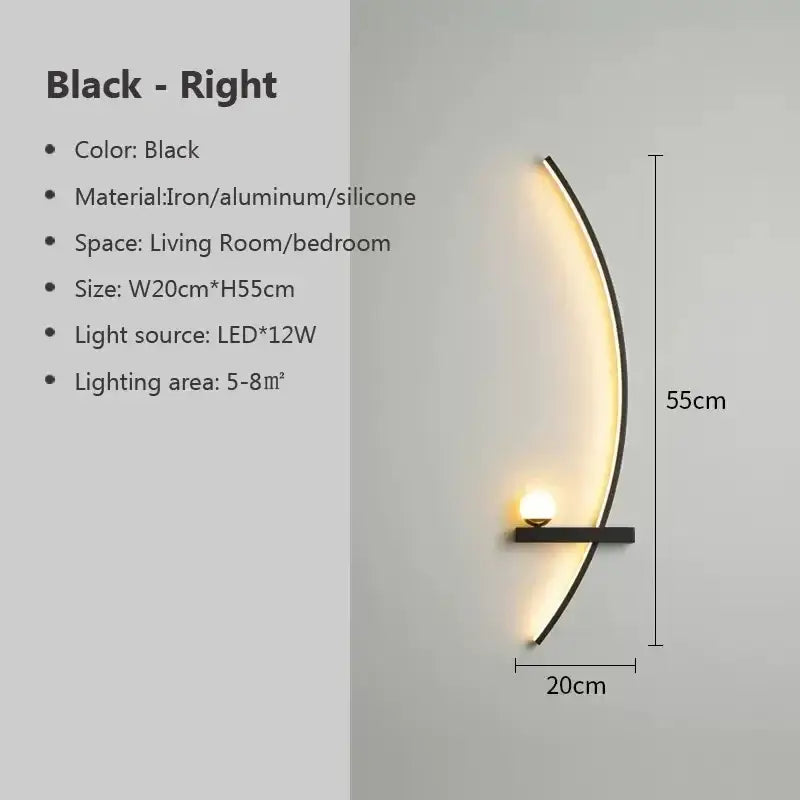 Decorbites black gold modern wall sconce with black curved iron aluminum silicone design and warm led lighting for indoor use
