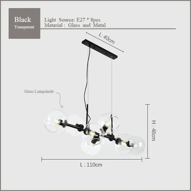Decorbites black gold molecule chandelier with black metal frame and eight glass spheres for modern loft lighting