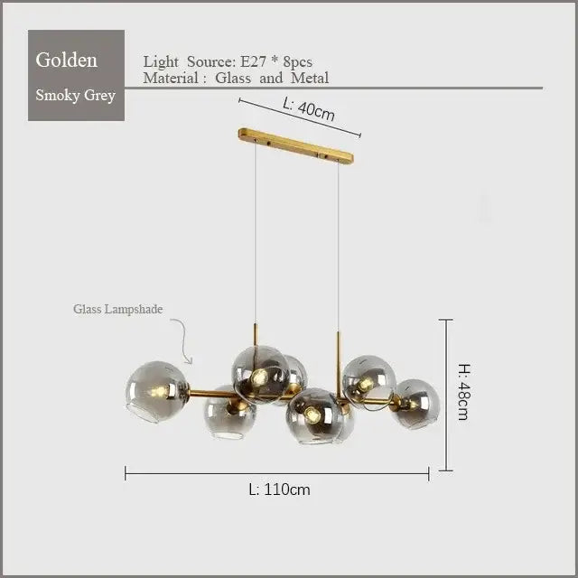 Decorbites black gold molecule glass ball chandelier with golden and smoky grey globes and modern metal frame for living room