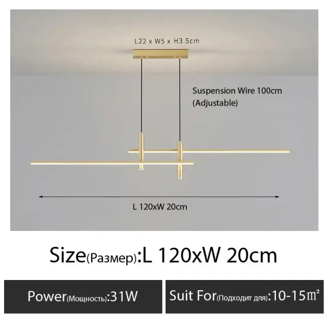 Modern minimalist decorbites black gold nordic pendant chandelier with gold-toned linear design and adjustable suspension wire