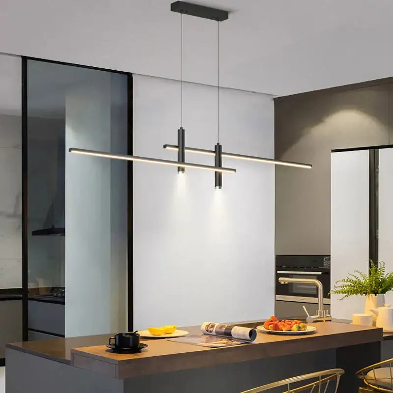 Modern black gold nordic pendant chandelier by DecorBites featuring sleek linear design with two vertical cylinders