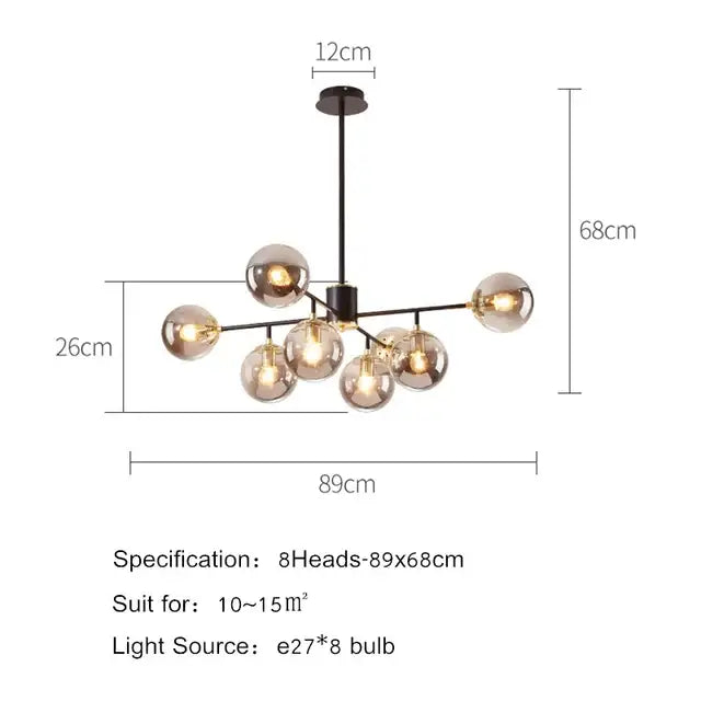 Modern black metal DecorBites black gold nordic chandelier with eight frosted glass globe bulbs for dining and living rooms