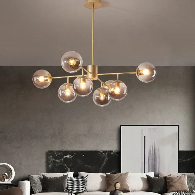 DecorBites black gold nordic pendant chandelier with gold-toned spherical glass globes for dining and living room lighting