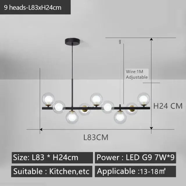 Decorbites black gold nordic pendant chandelier with nine black spherical glass globes for dining and living rooms