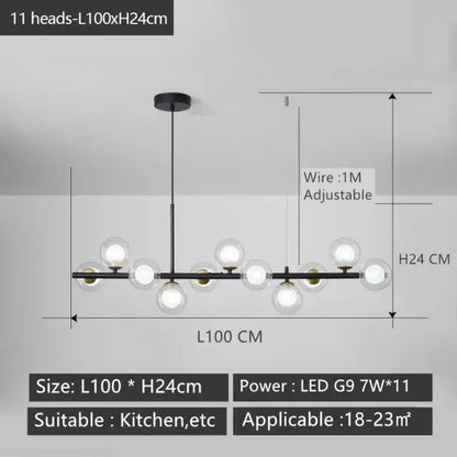 Decorbites black gold nordic pendant chandelier with 11 clear glass globes and gold-toned fixtures for dining and living rooms