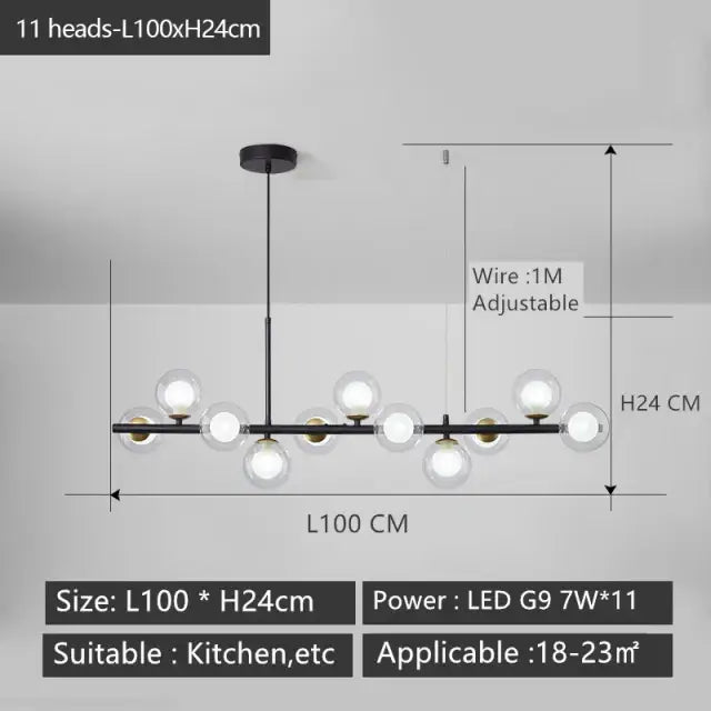 Decorbites black gold nordic pendant chandelier with 11 clear glass globes and gold-toned fixtures for dining and living rooms