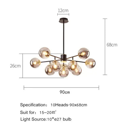 Modern black metal chandelier with ten amber glass globes from decorbites black gold nordic pendant collection